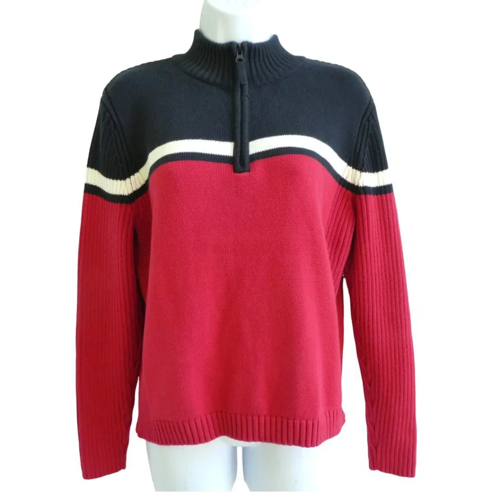 Vintage Cotton Knit Sweater Red White Blue Patriotic St Johns Bay Quarter Zip L - Picture 2 of 6